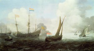 Buque de guerra disparando un saludo, siglo XVII